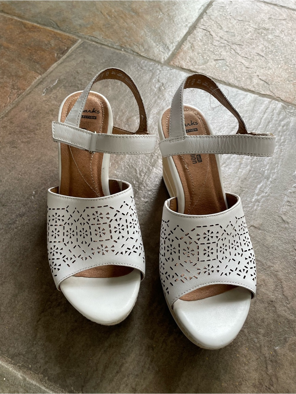 Clarks White Laser-Cut Open-Toe Slingback Sandals